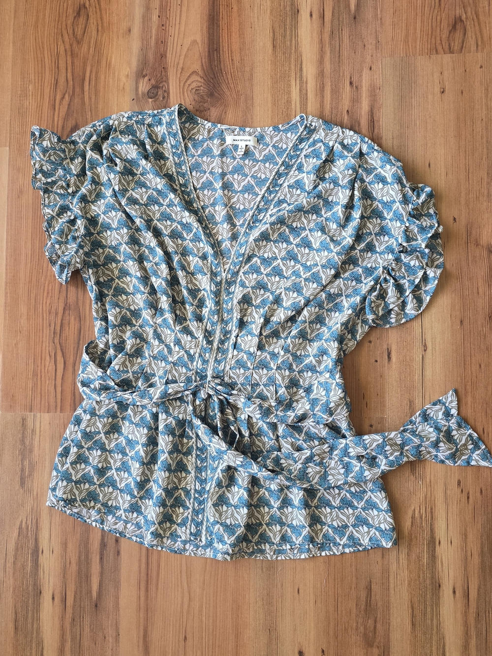 Max Studio Teal and White Floral Wrap Blouse with Tie